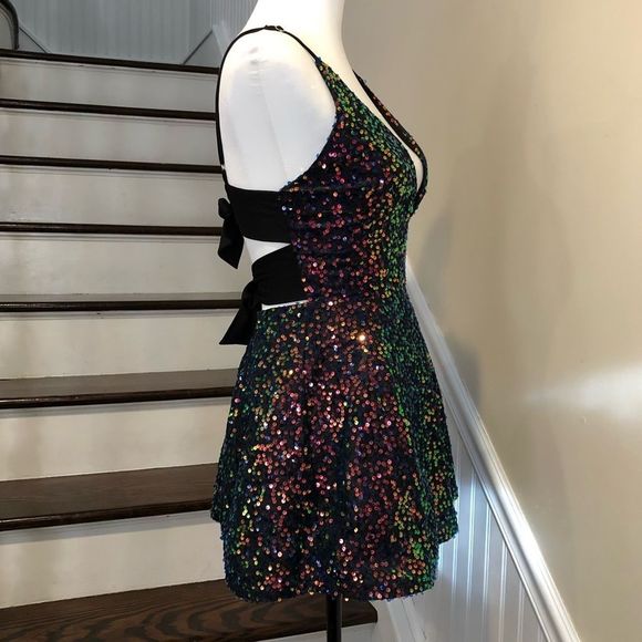 LUCY IN THE SKY Los Angeles Rainbow Black Sequin Mini Dress Sz Small - Picture 1 of 16